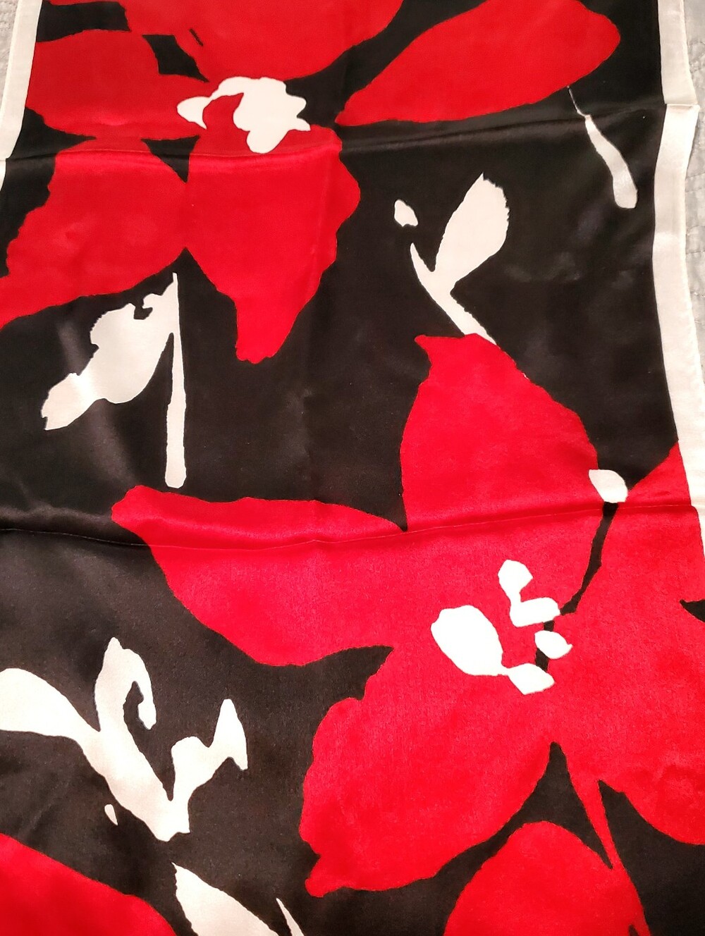 ANNE KLEIN Red and Black Floral Silk Scarf, 60 Inches Long